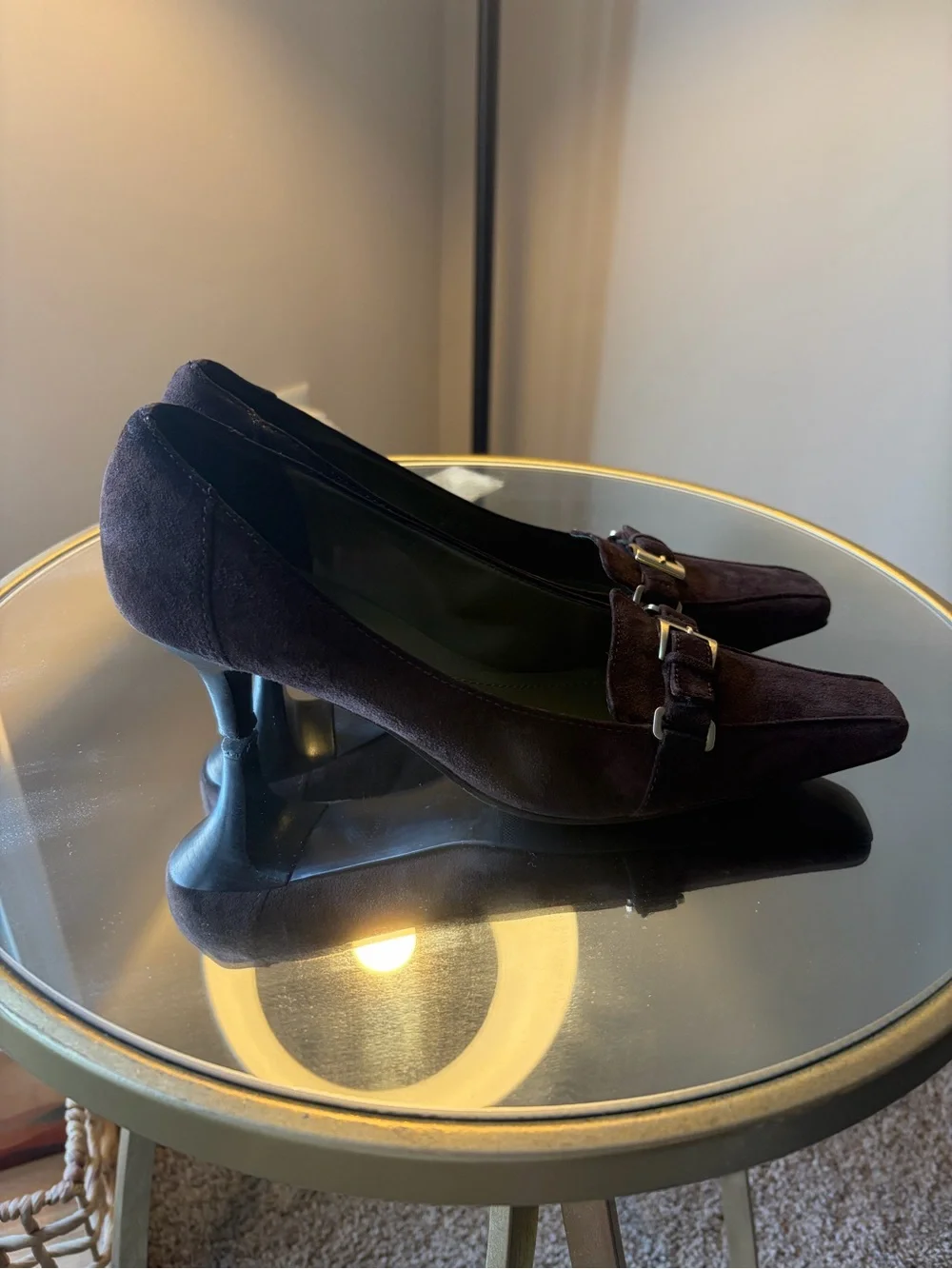 Ann Taylor Dark Brown Suede Mid-Heel Pumps with Buckle
